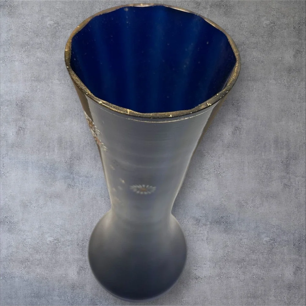 Vintage Cobalt Blue Glass Vase Daisy Flower Design Tall Elegant Home‎ Decor